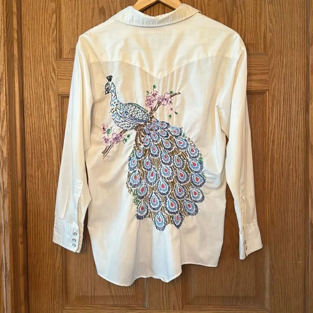 ATA Vintage 70s Authentic Western Pearl Snap Shirt Embroidered Peacock Floral Yo